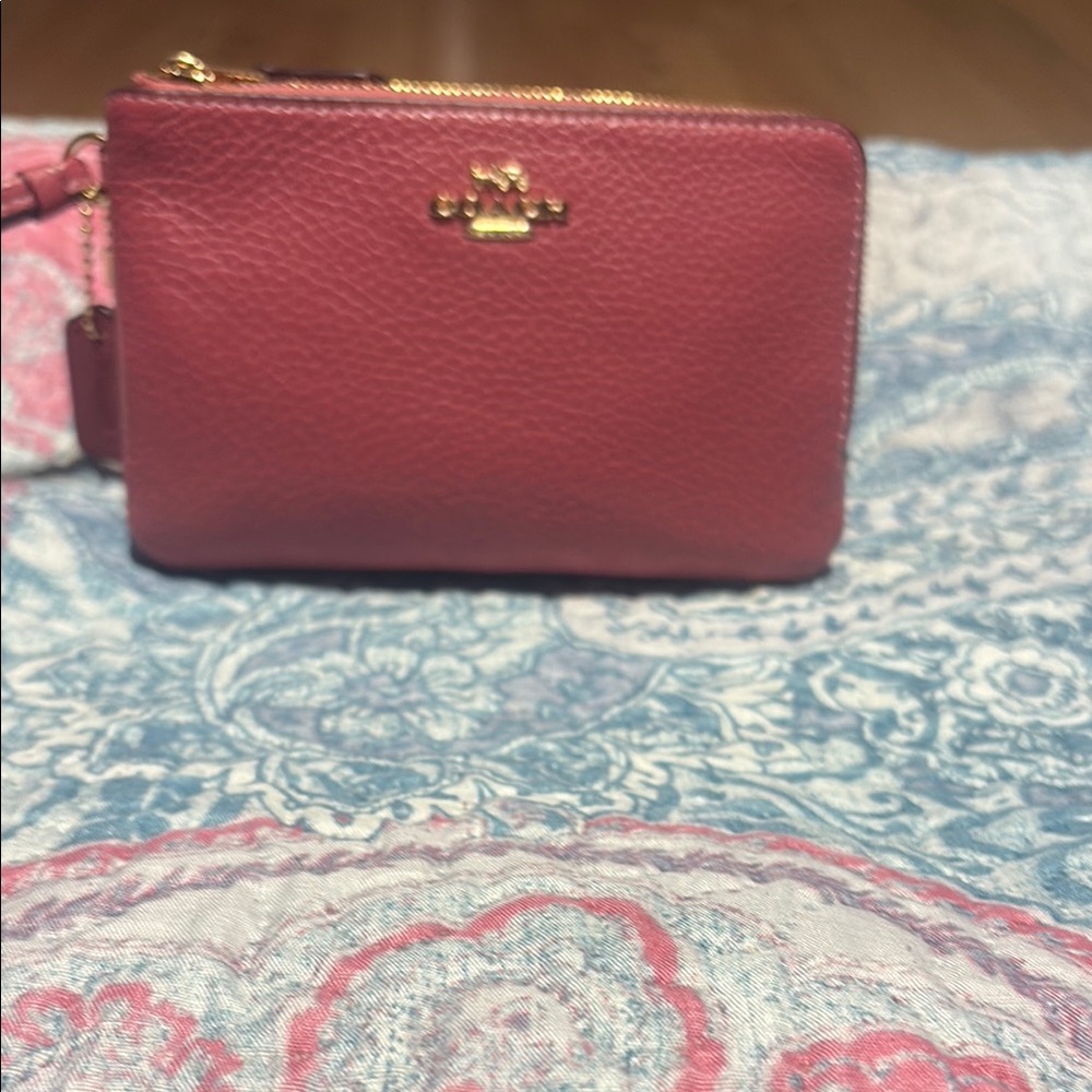 Coach Pebble Leather Double Zip Wristlet — Rouge.